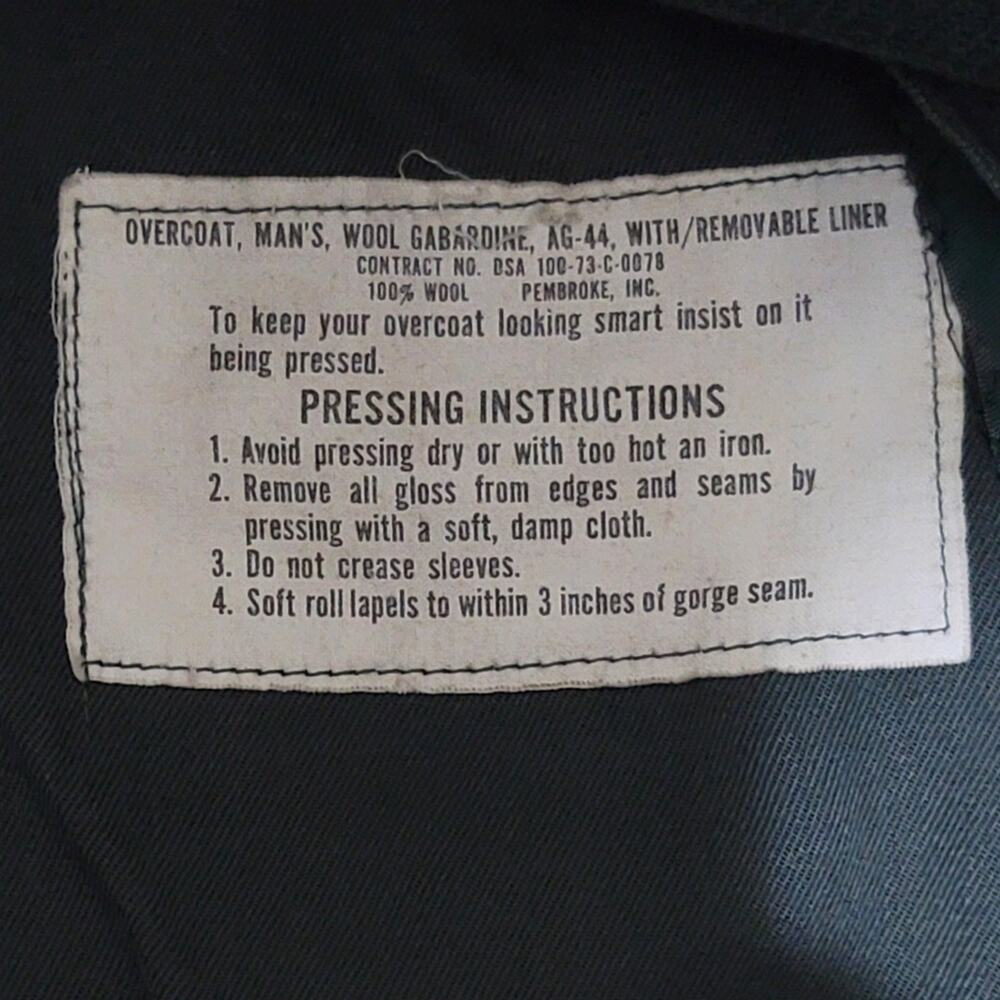 Vtg US Army Wool Gabardine AG44 Military Overcoat w/ Removable Liner - Picture 6 of 7
